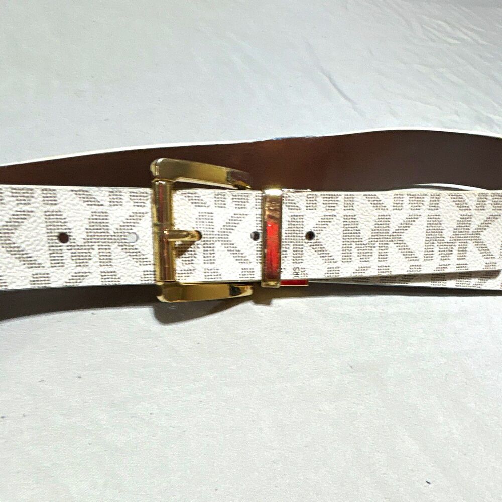 Michael Kors Reversible Belt Womens MK Logo Vanilla White Gold Buckle L 36-40